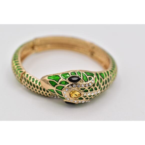 Vintage Green Enamel Snake Bracelet Rhinestone Eyes Hinged Gold Serpent 90s BinO - Picture 9 of 12